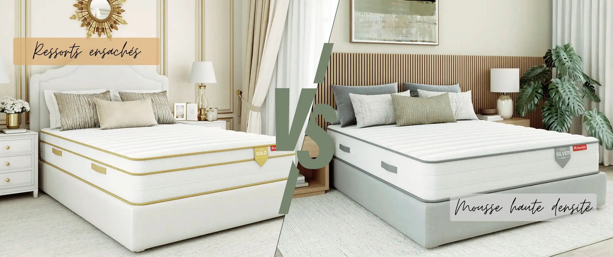 Charger la vidéo : &lt;p&gt;HGOLD : Mousse mémoire de forme + Micro ressorts ensachés &lt;/p&gt;&lt;p&gt;&lt;strong&gt;-  VS -&lt;/strong&gt;  &lt;/p&gt;&lt;p&gt;HSILVER : Mousse mémoire de forme + mousse HR&lt;/p&gt;