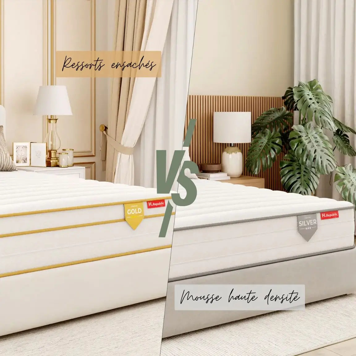 Charger la vidéo : &lt;p&gt;HGOLD : Mousse mémoire de forme + Micro ressorts ensachés &lt;/p&gt;&lt;p&gt;&lt;strong&gt;-  VS -&lt;/strong&gt;  &lt;/p&gt;&lt;p&gt;HSILVER : Mousse mémoire de forme + mousse HR&lt;/p&gt;